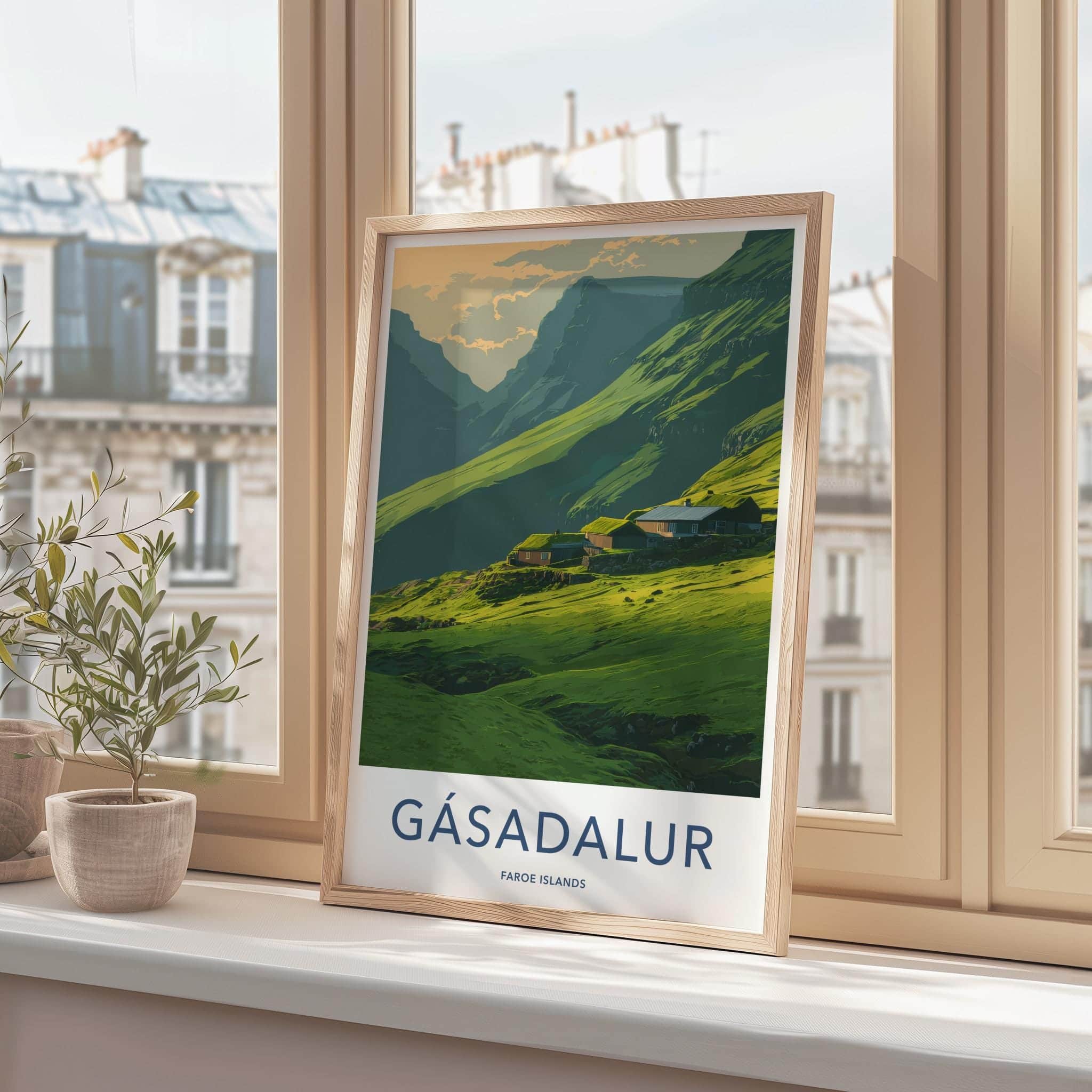 Gasadalur Poster - Faroe Islands Travel Art - Green Hillside Homes Home Decor