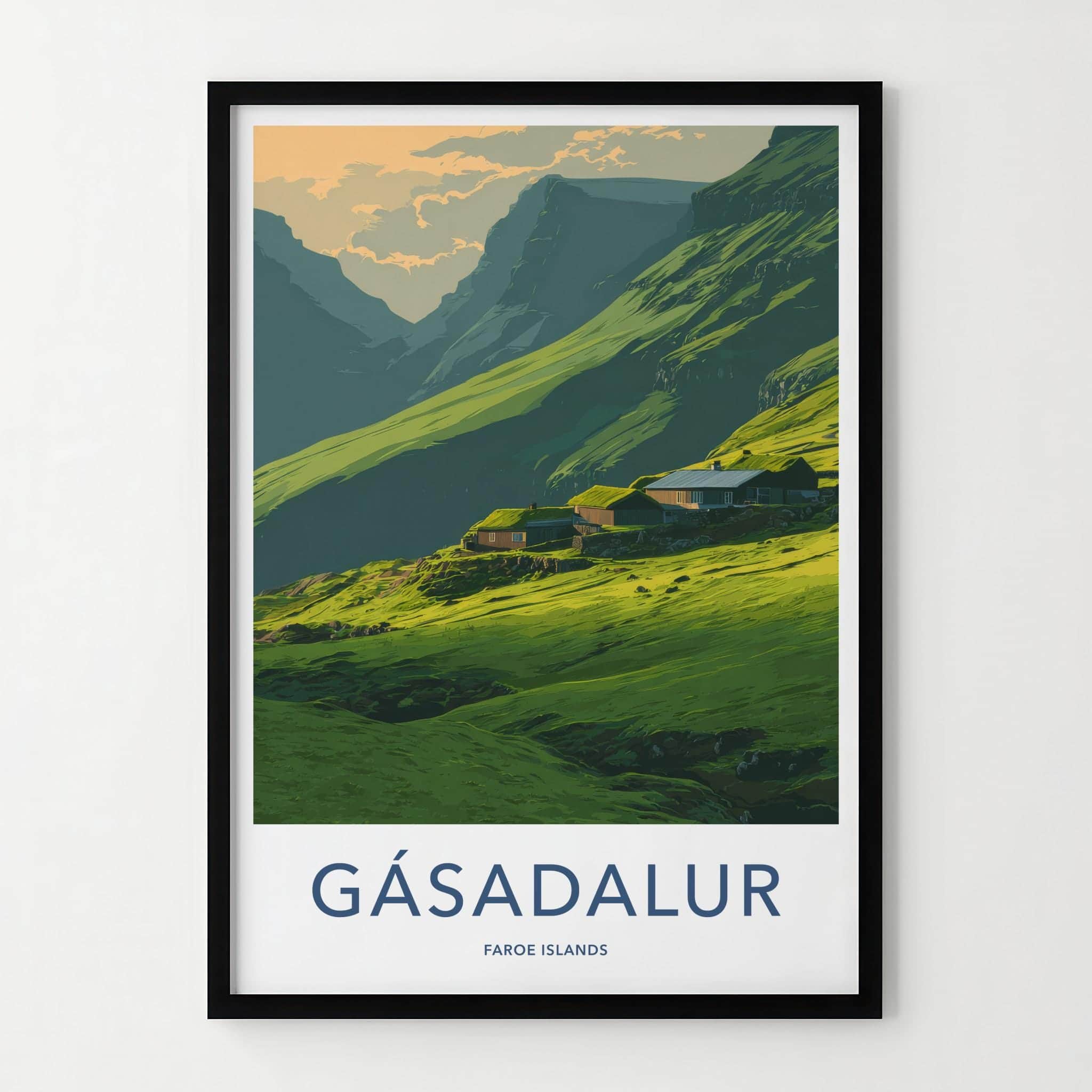 Gasadalur Poster - Faroe Islands Travel Art - Green Hillside Homes Home Decor