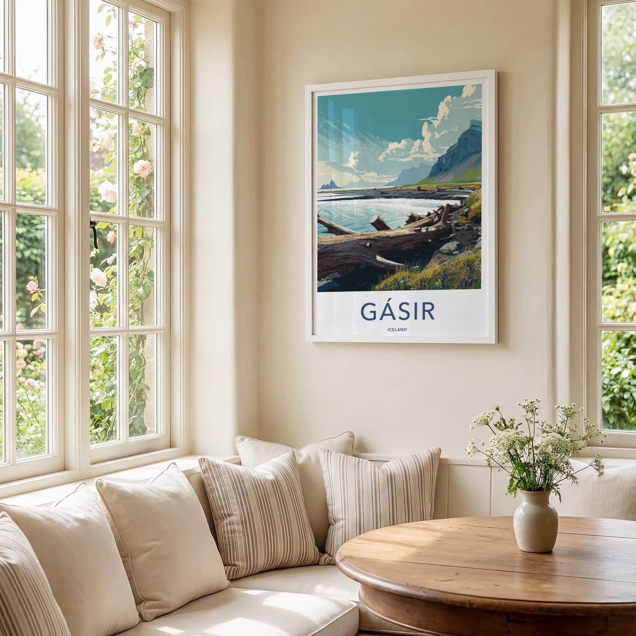 Gasir Poster - Iceland Travel Art - Mountain Lake Driftwood Home Decor