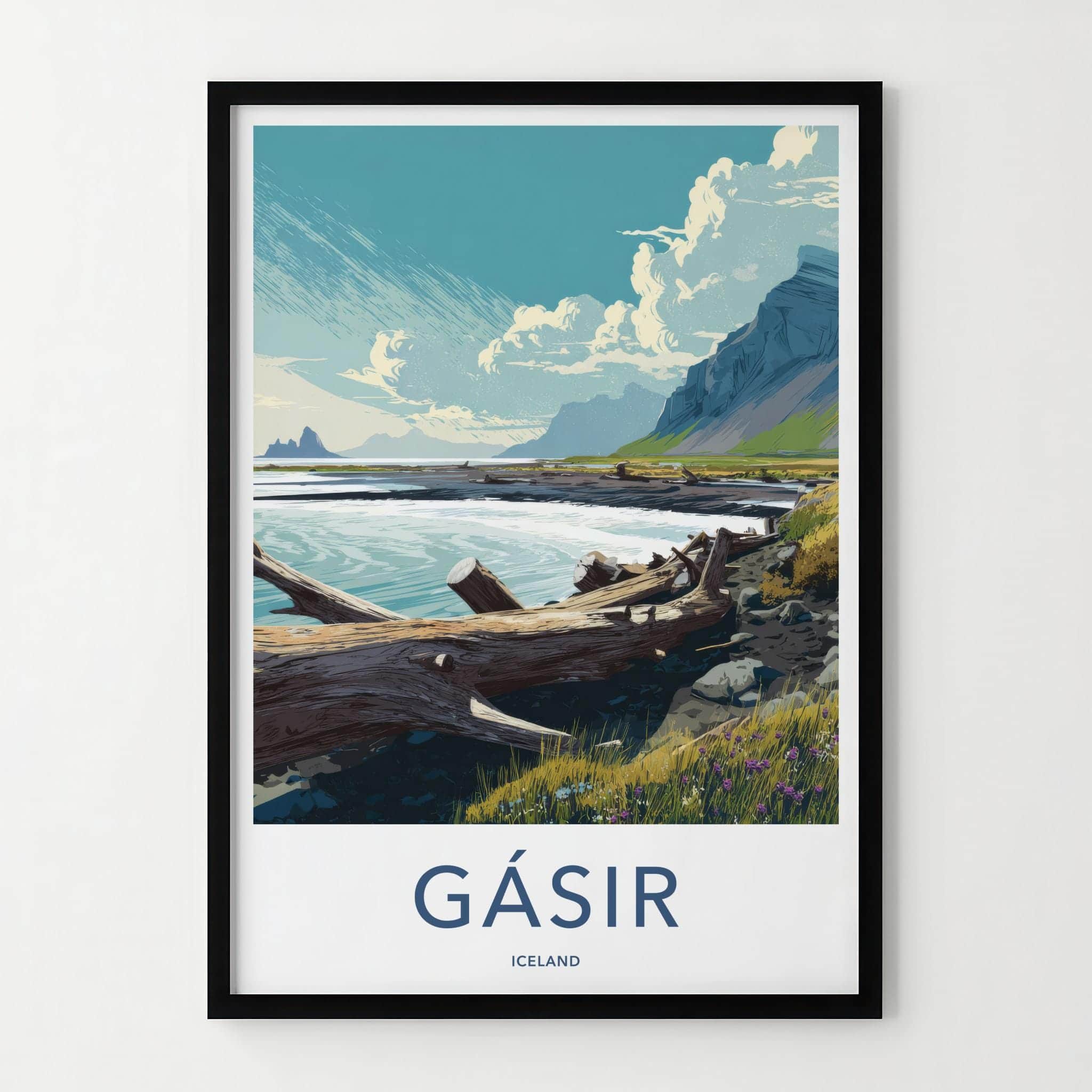 Gasir Poster - Iceland Travel Art - Mountain Lake Driftwood Home Decor