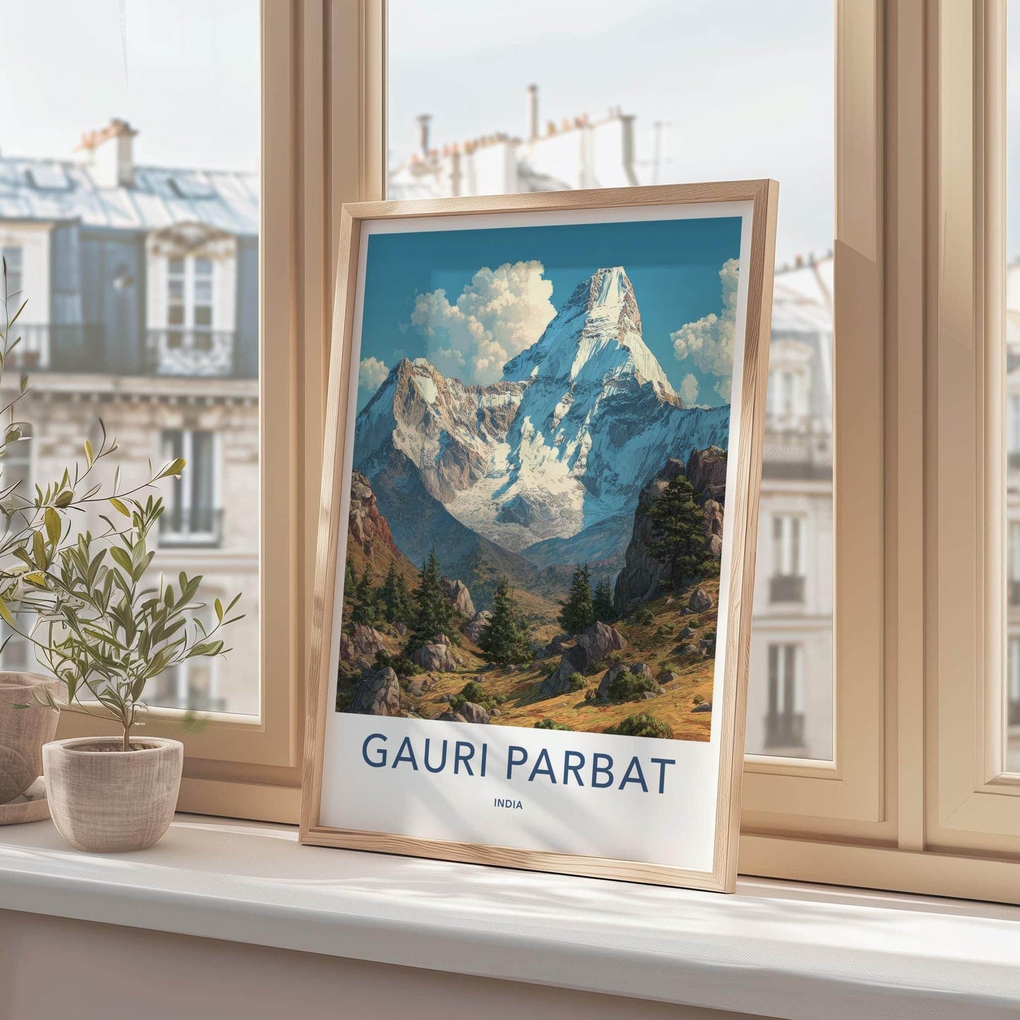 Gauri Parbat Poster - India Travel Art - Uttarakhand Snowy Peaks Green Wall Decor