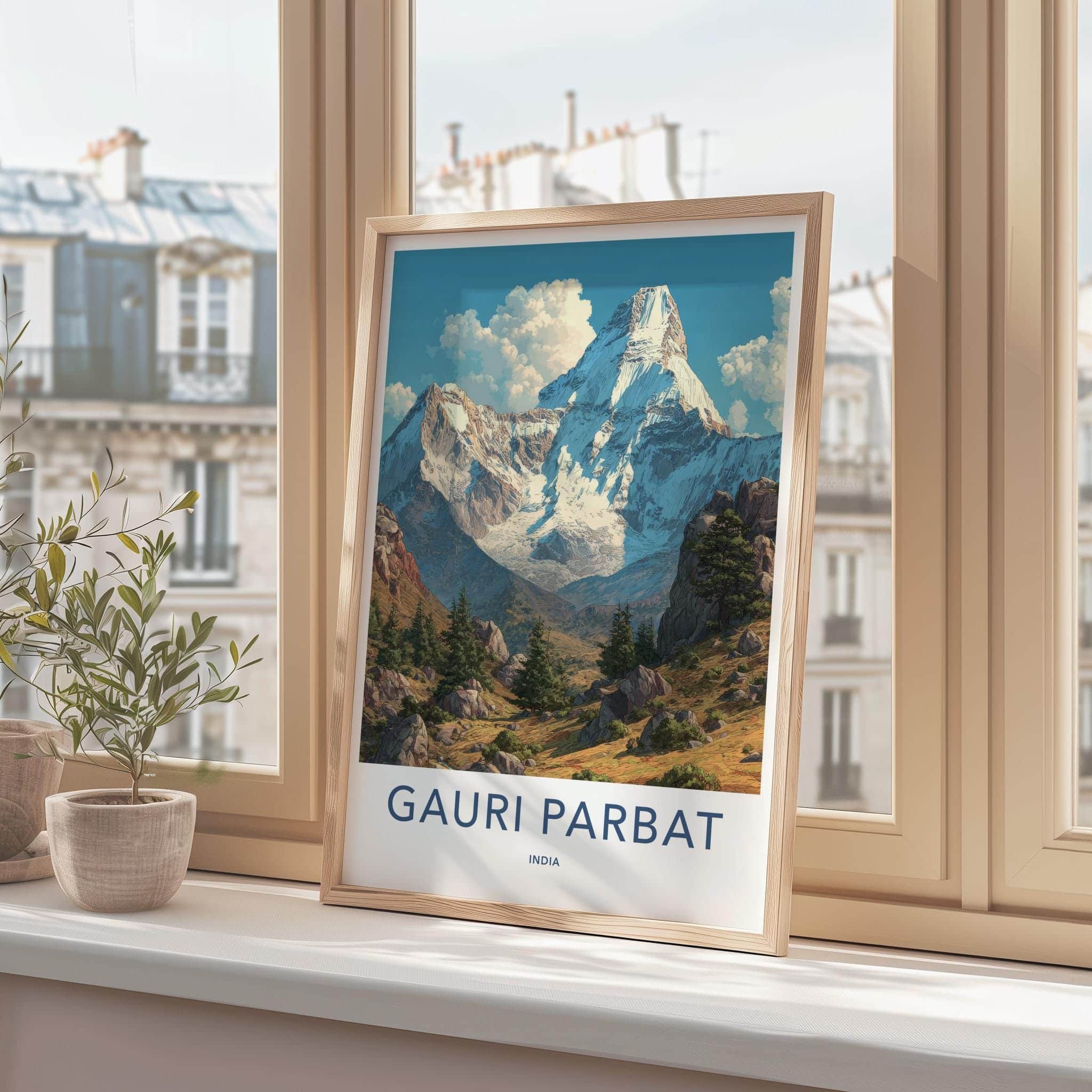 Gauri Parbat Poster - India Travel Art - Uttarakhand Snowy Peaks Green Wall Decor