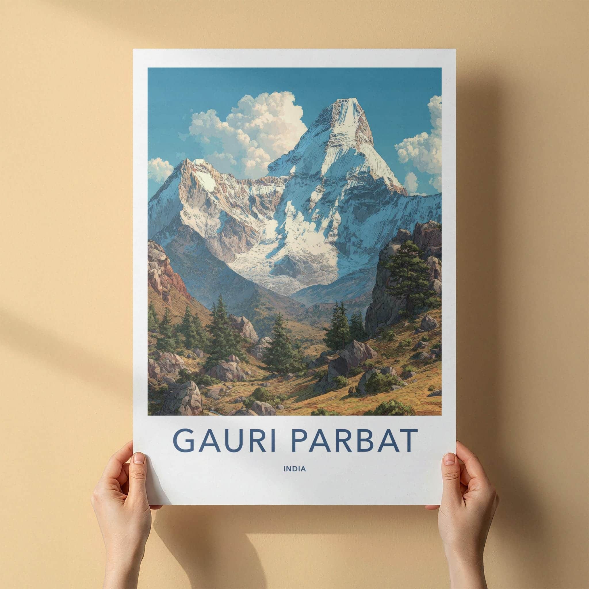 Gauri Parbat Poster - India Travel Art - Uttarakhand Snowy Peaks Green Wall Decor