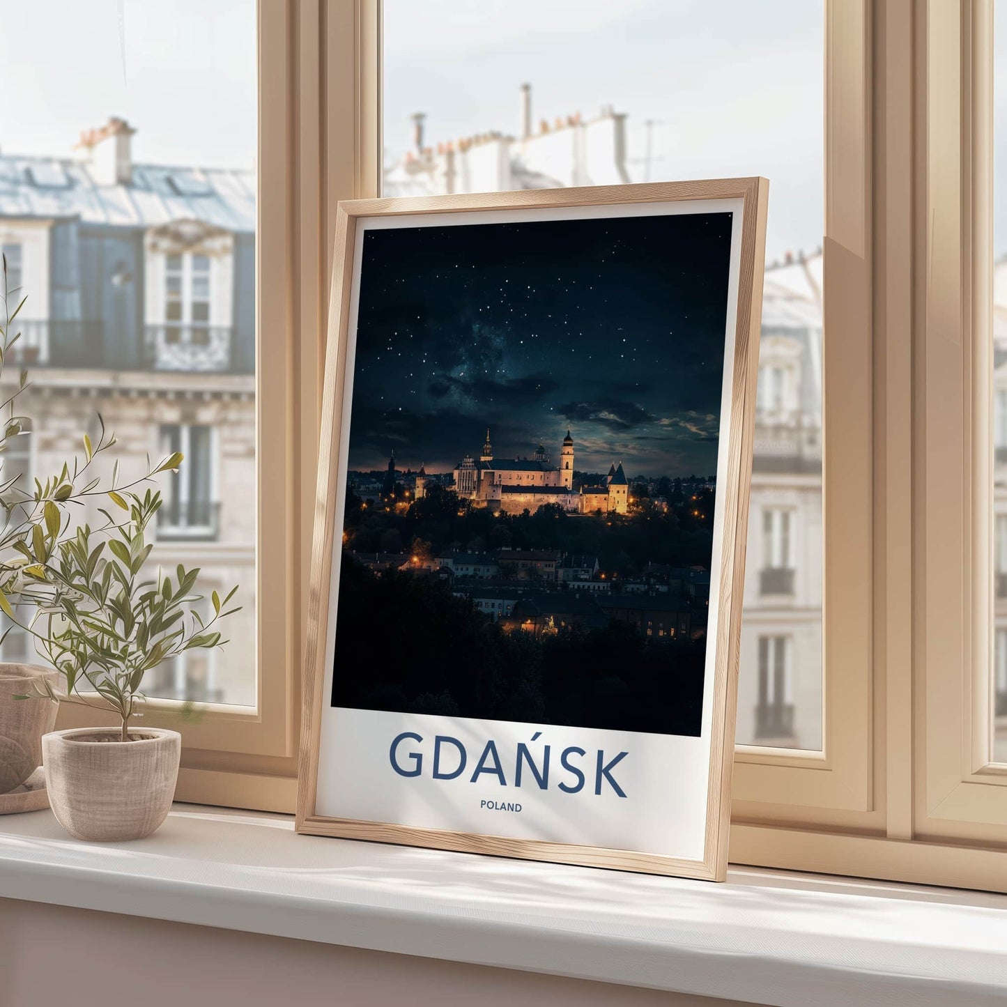Gdansk Poster - Poland Travel Print - Starry Night Castle Home Decor