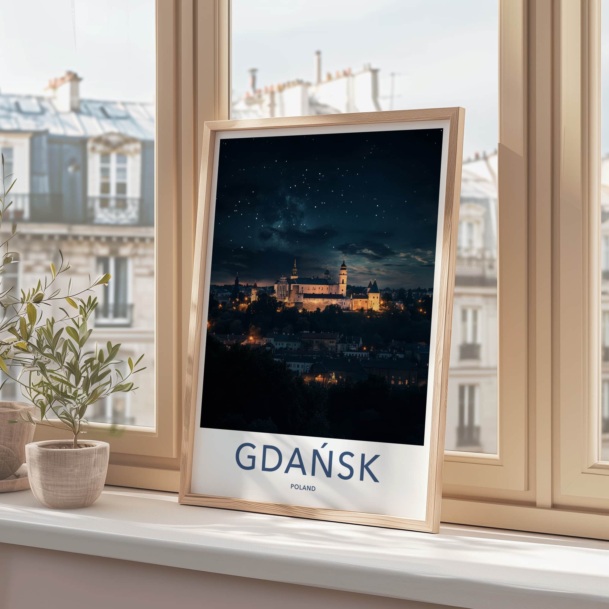 Gdansk Poster - Poland Travel Print - Starry Night Castle Home Decor