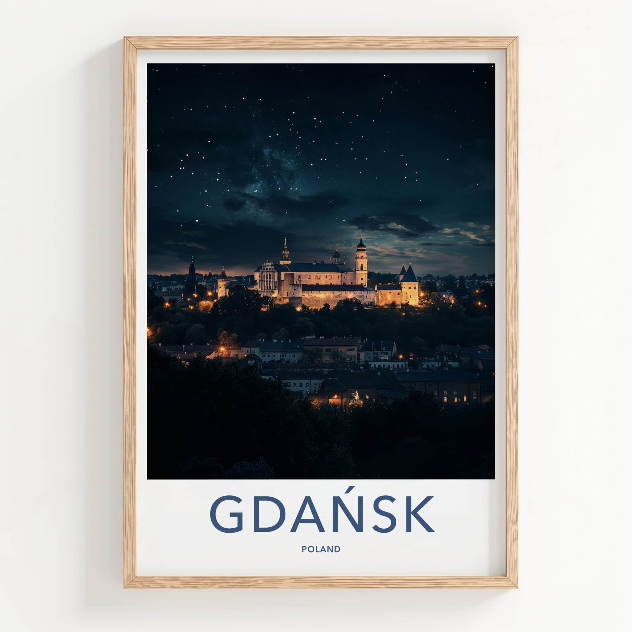 Gdansk Poster - Poland Travel Print - Starry Night Castle Home Decor