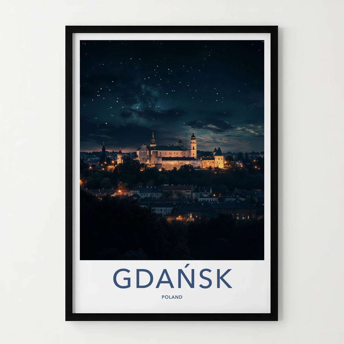 Gdansk Poster - Poland Travel Print - Starry Night Castle Home Decor