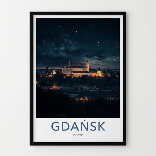 Gdansk Poster - Poland Travel Print - Starry Night Castle Home Decor