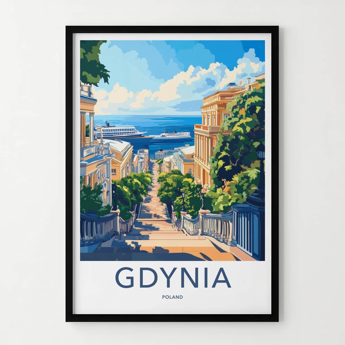 Gdynia Poster - Poland Travel Art - Descending Street Ships Home Decor