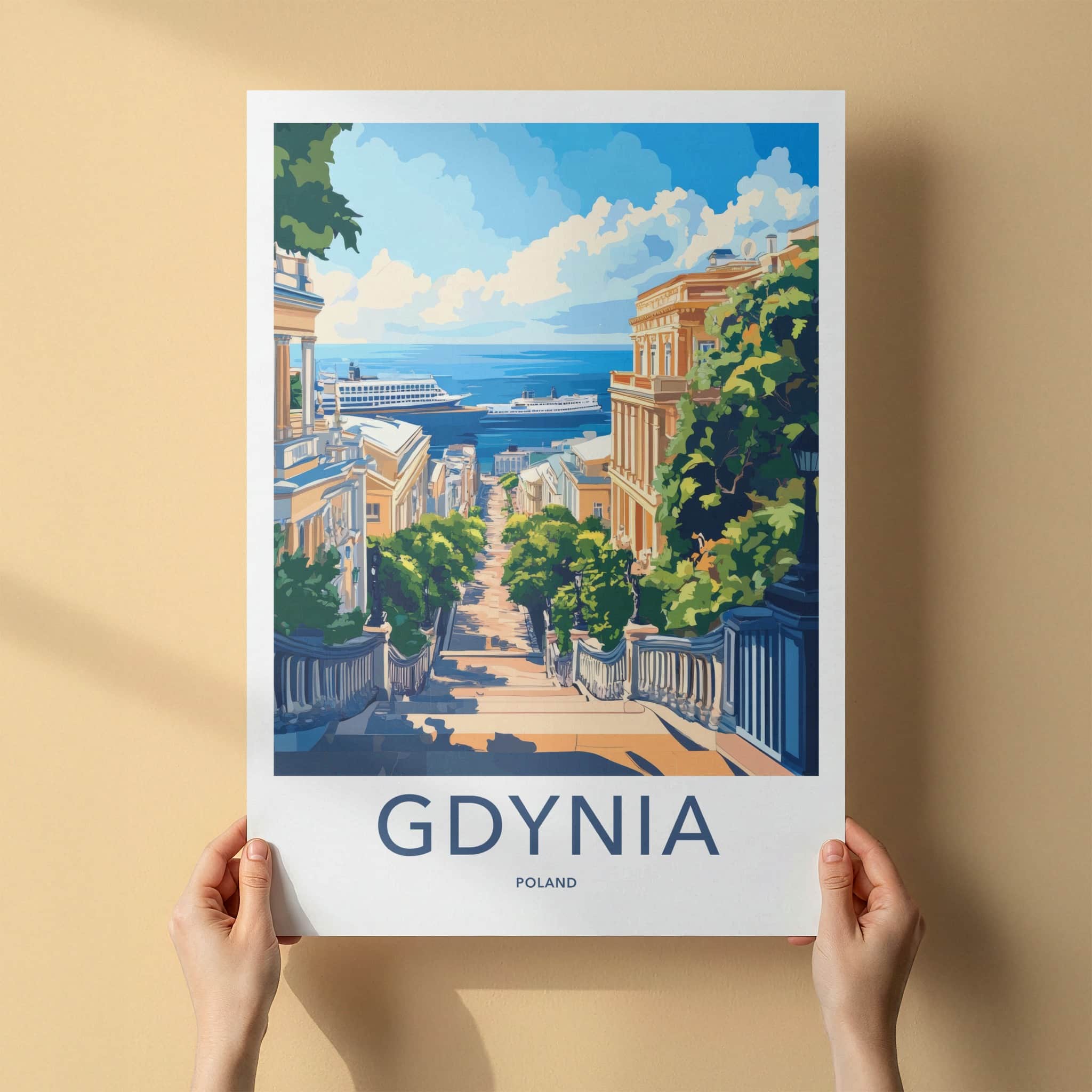 Gdynia Poster - Poland Travel Art - Descending Street Ships Home Decor