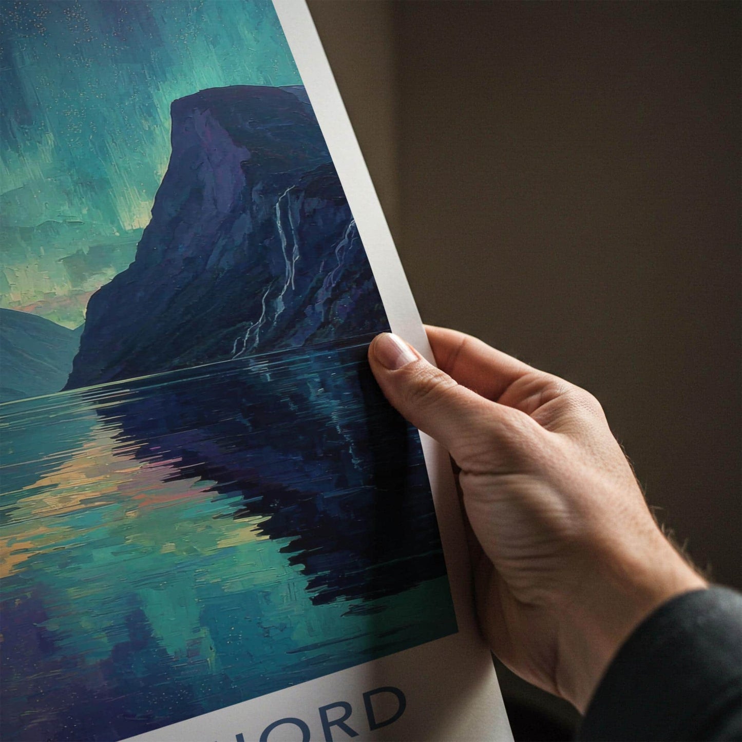 Geirangerfjord Poster - Norway Travel Art - Fjord Aurora Reflection Home Decor
