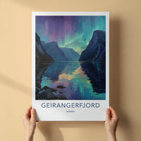 Geirangerfjord Poster - Norway Travel Art - Fjord Aurora Reflection Home Decor