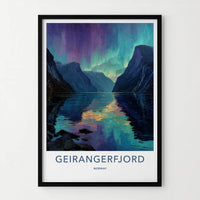 Geirangerfjord Poster - Norway Travel Art - Fjord Aurora Reflection Home Decor