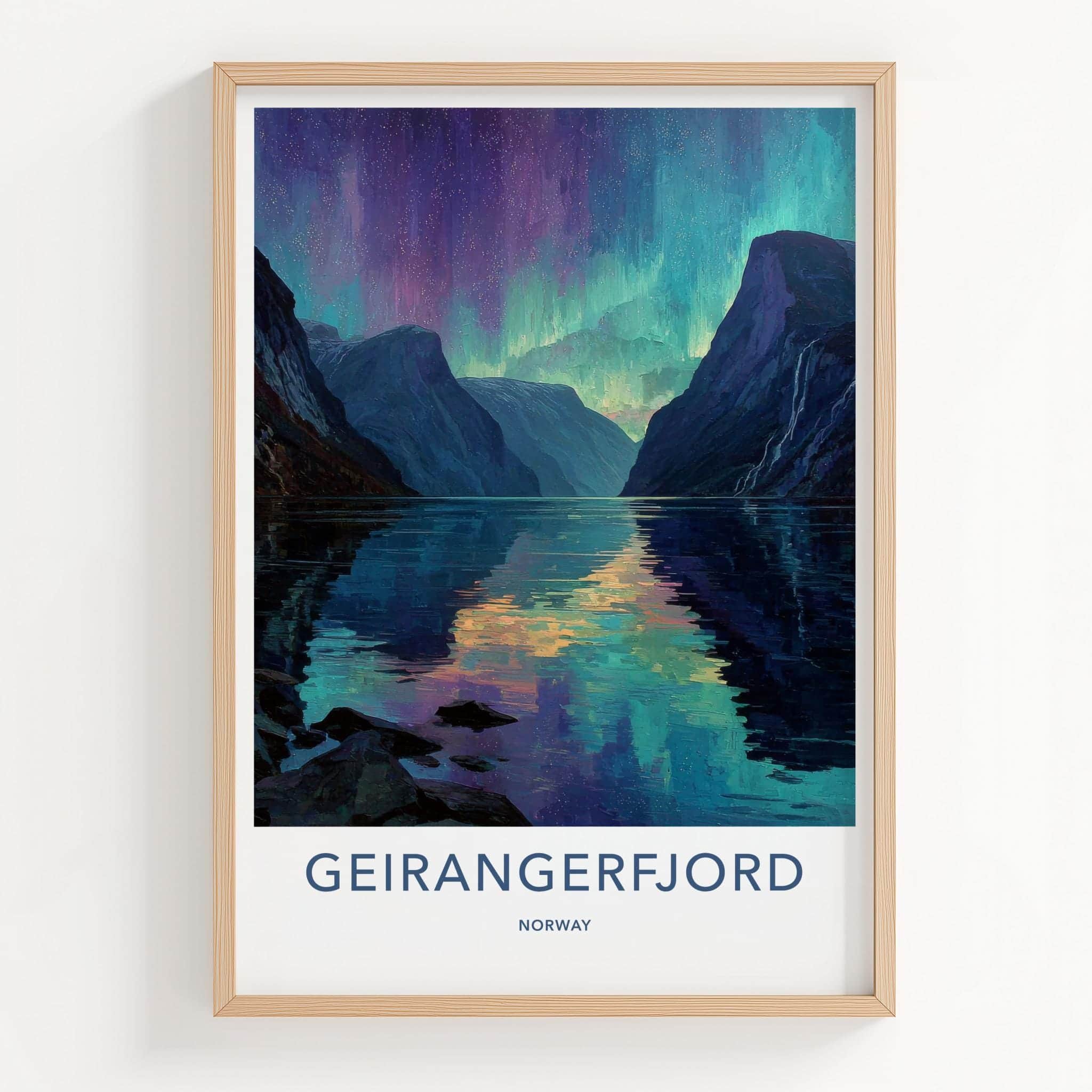 Geirangerfjord Poster - Norway Travel Art - Fjord Aurora Reflection Home Decor