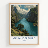 Geirangerfjord Poster - NORWAY Travel Art - Fjord Mountain Waterfall Home Decor