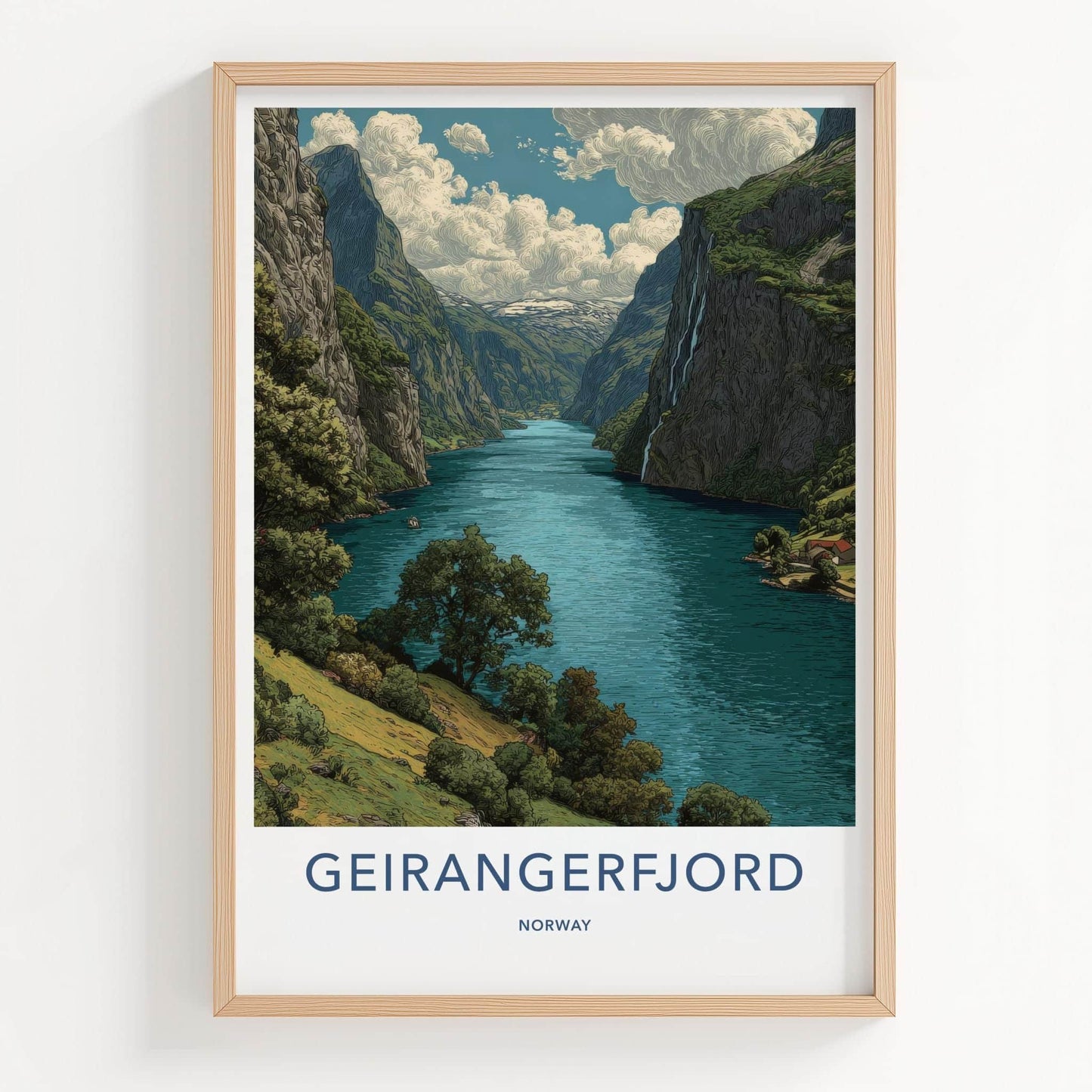 Geirangerfjord Poster - NORWAY Travel Art - Fjord Mountain Waterfall Home Decor