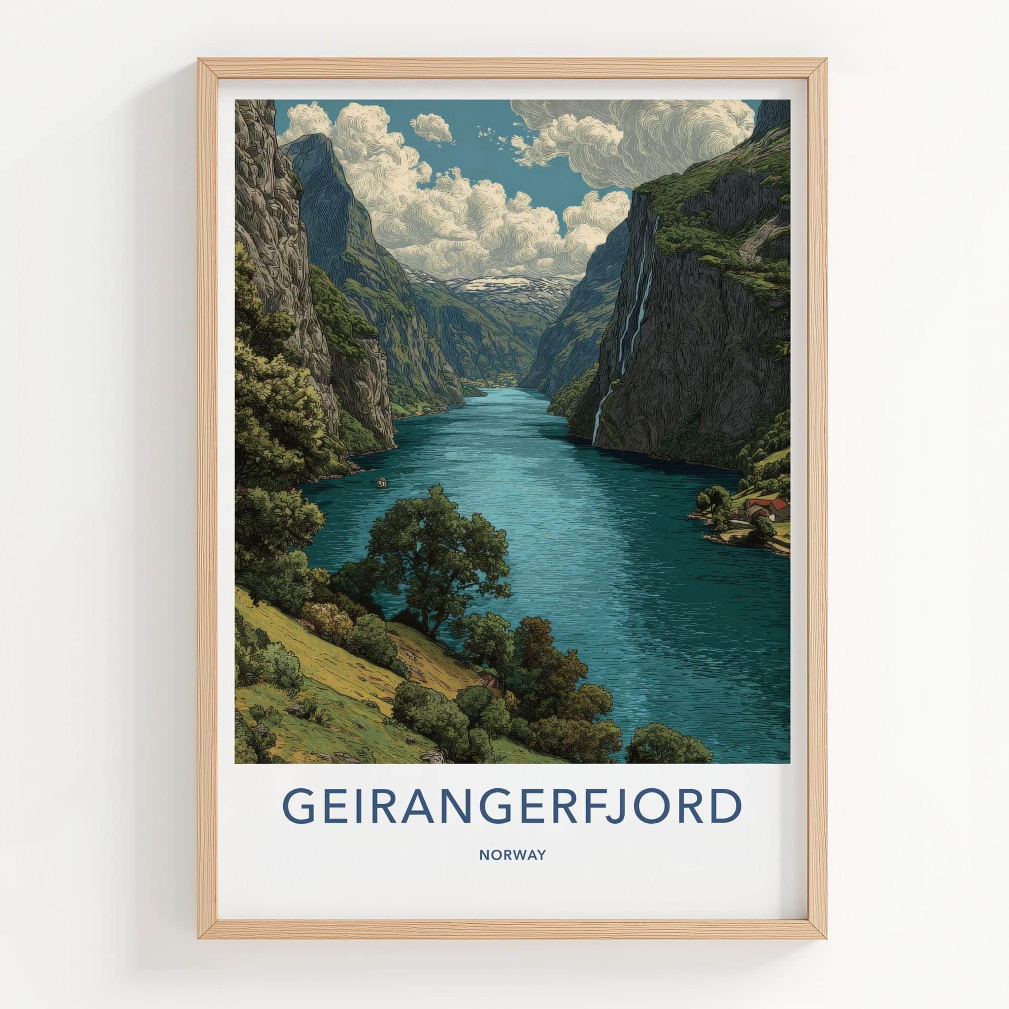 Geirangerfjord Poster - NORWAY Travel Art - Fjord Mountain Waterfall Home Decor