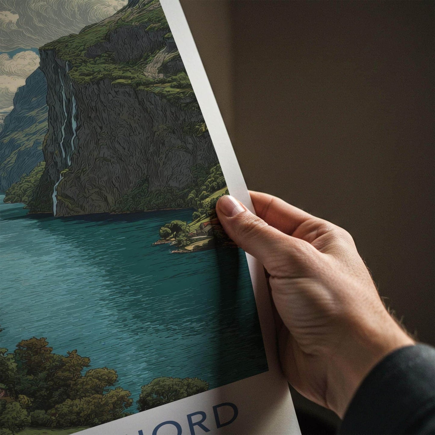 Geirangerfjord Poster - NORWAY Travel Art - Fjord Mountain Waterfall Home Decor