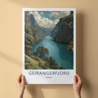 Geirangerfjord Poster - NORWAY Travel Art - Fjord Mountain Waterfall Home Decor