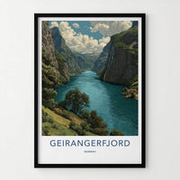 Geirangerfjord Poster - NORWAY Travel Art - Fjord Mountain Waterfall Home Decor