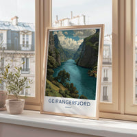 Geirangerfjord Poster - NORWAY Travel Art - Fjord Mountain Waterfall Home Decor