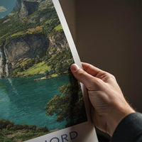 Geirangerfjord Poster - Norway Travel Art - Lush Fjord Waterfalls Home Decor