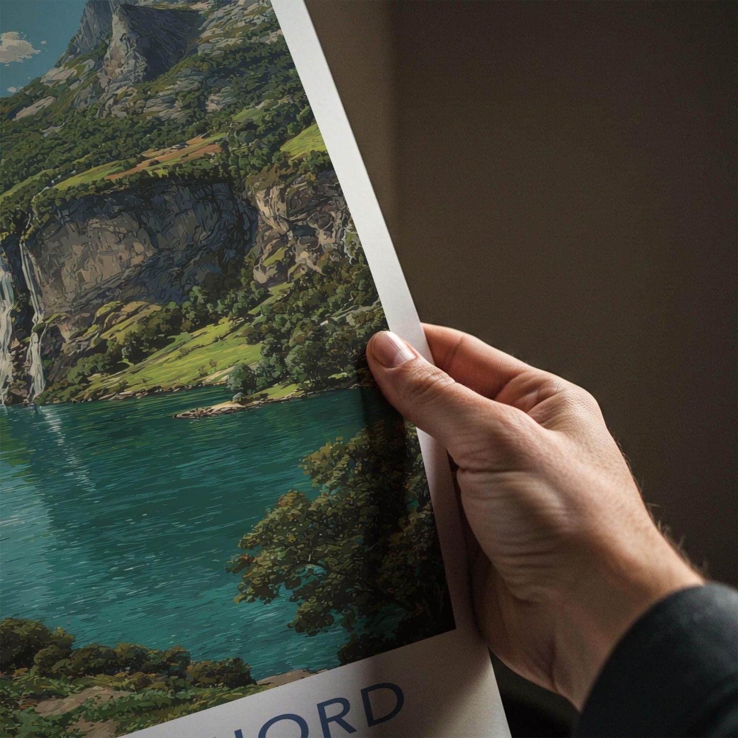 Geirangerfjord Poster - Norway Travel Art - Lush Fjord Waterfalls Home Decor