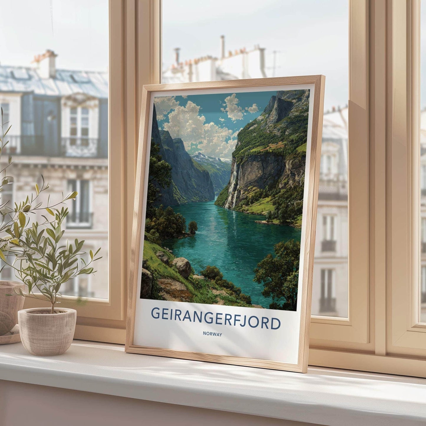 Geirangerfjord Poster - Norway Travel Art - Lush Fjord Waterfalls Home Decor
