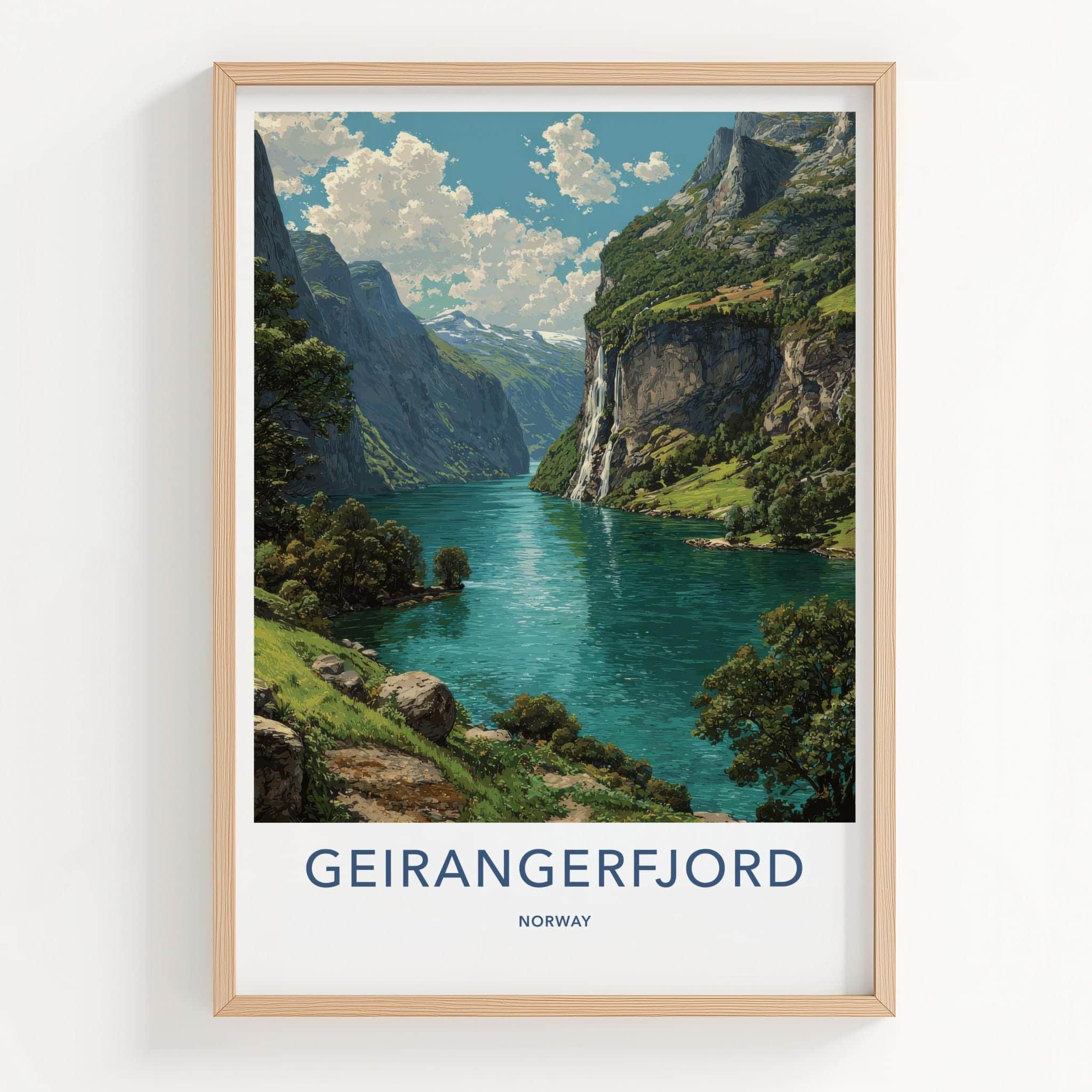 Geirangerfjord Poster - Norway Travel Art - Steep Cliffs Waterfall Home Decor