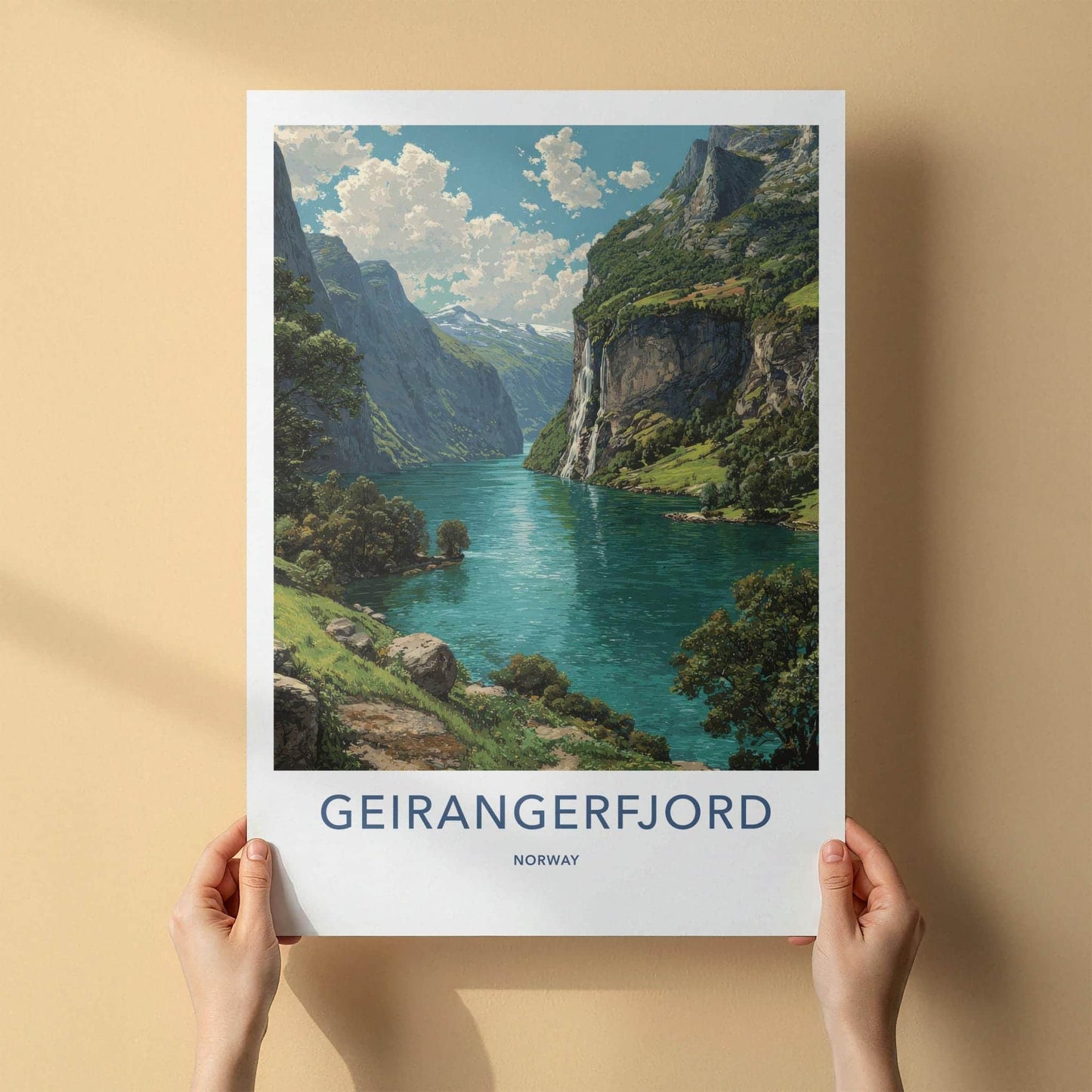 Geirangerfjord Poster - Norway Travel Art - Steep Cliffs Waterfall Home Decor
