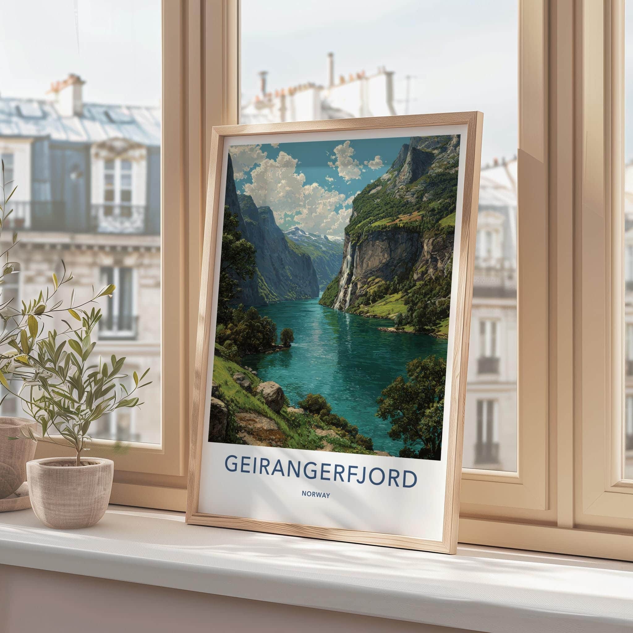 Geirangerfjord Poster - Norway Travel Art - Steep Cliffs Waterfall Home Decor