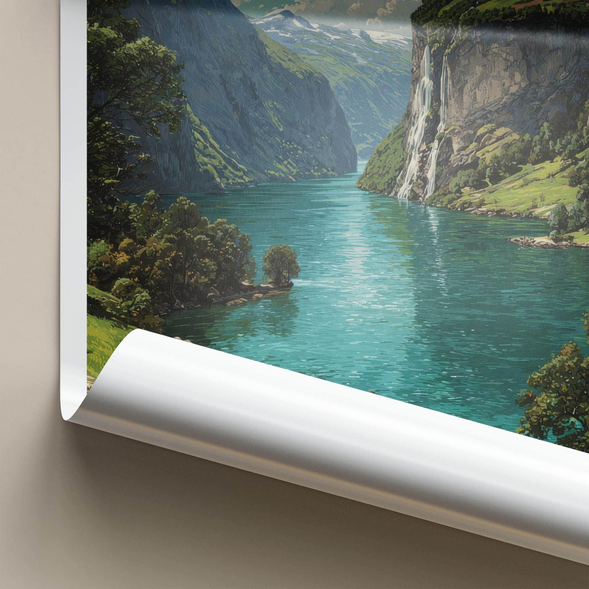 Geirangerfjord Poster - Norway Travel Art - Steep Cliffs Waterfall Home Decor