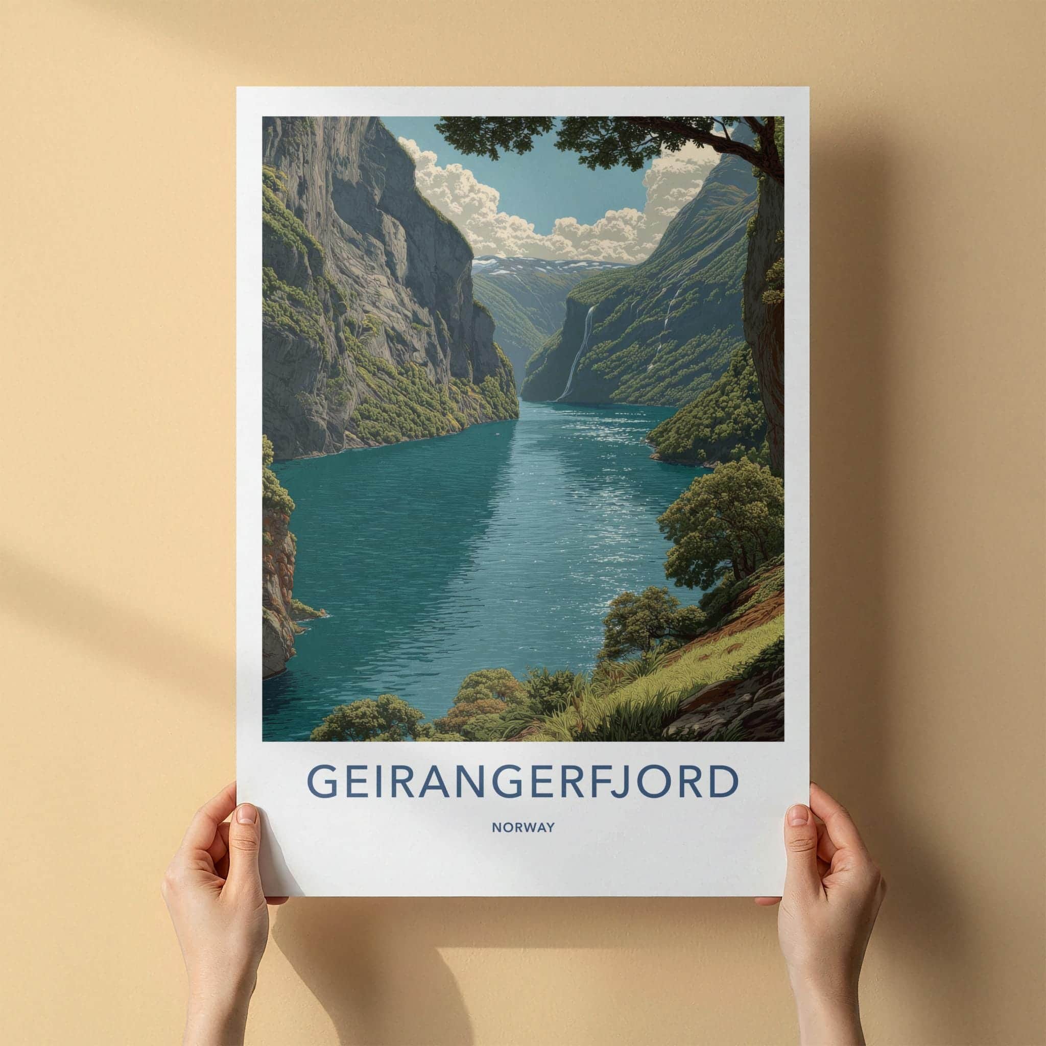 Geirangerfjord Poster - Norway Travel Art - Steep Fjord Waterfalls Home Decor