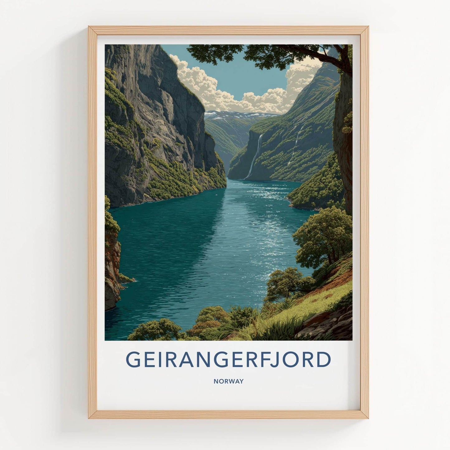 Geirangerfjord Poster - Norway Travel Art - Steep Fjord Waterfalls Home Decor