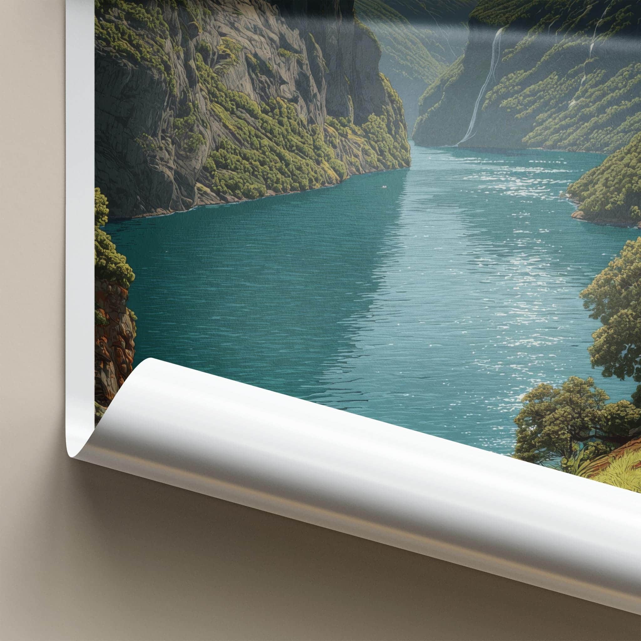Geirangerfjord Poster - Norway Travel Art - Steep Fjord Waterfalls Home Decor
