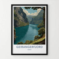 Geirangerfjord Poster - Norway Travel Art - Steep Fjord Waterfalls Home Decor