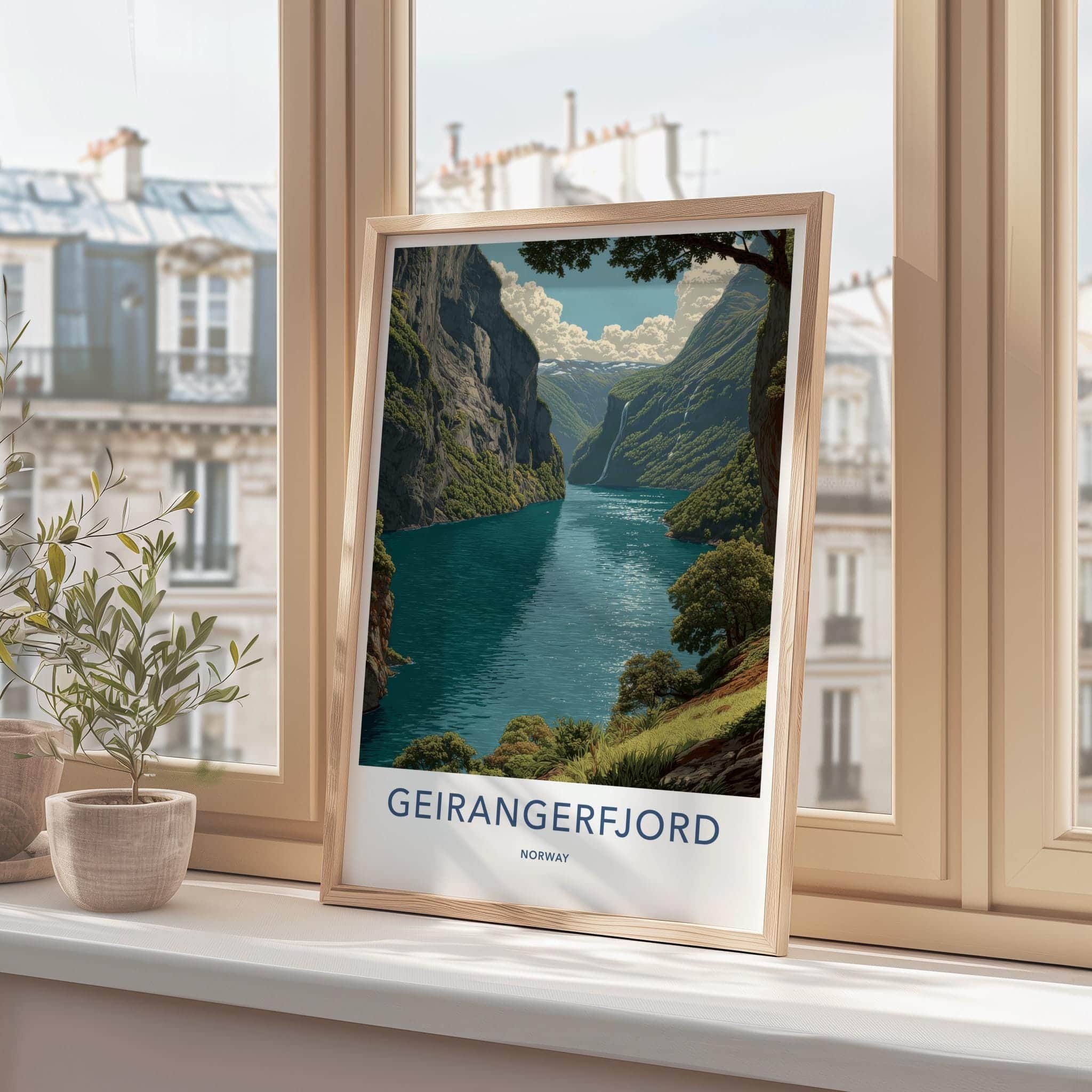 Geirangerfjord Poster - Norway Travel Art - Steep Fjord Waterfalls Home Decor