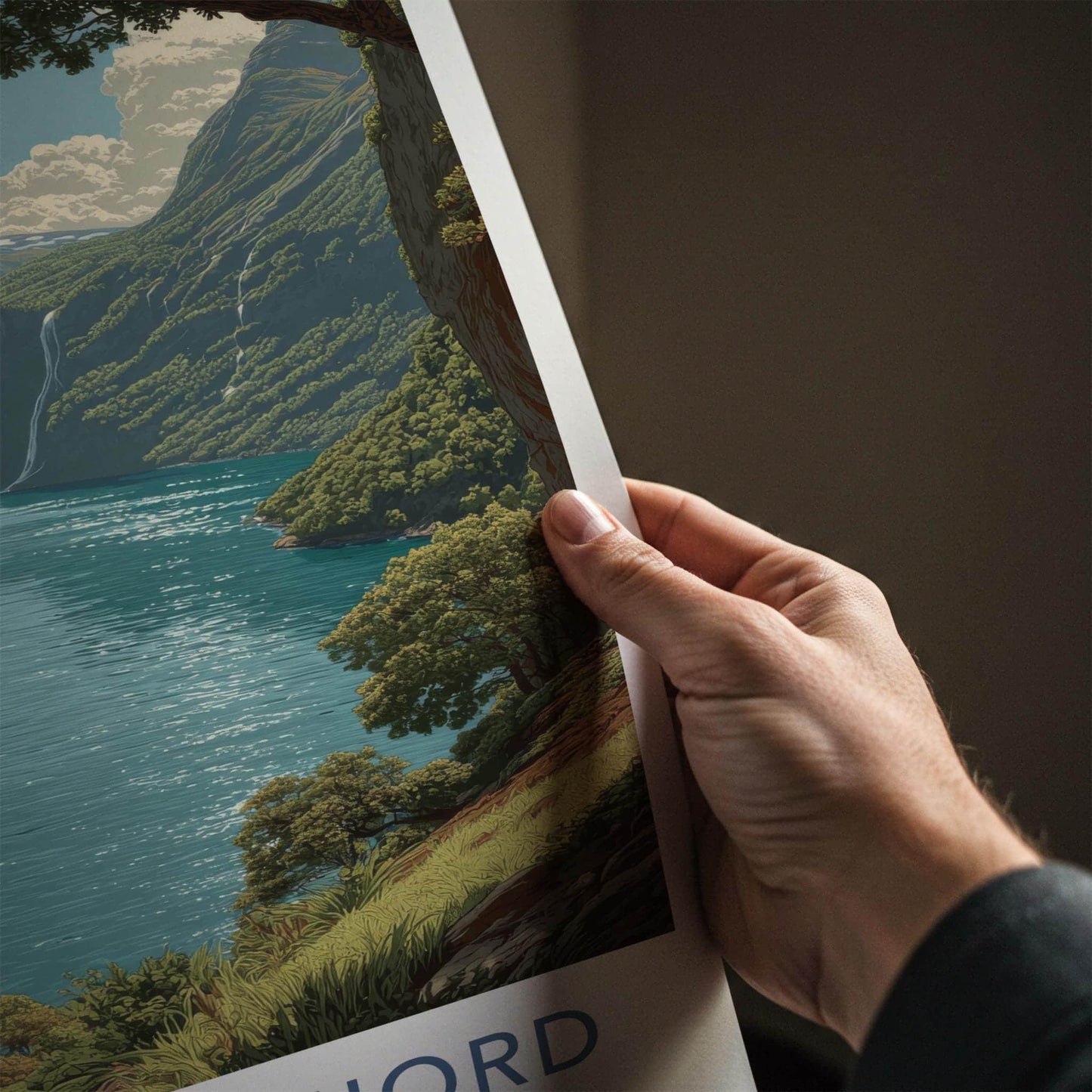 Geirangerfjord Poster - Norway Travel Art - Steep Fjord Waterfalls Home Decor