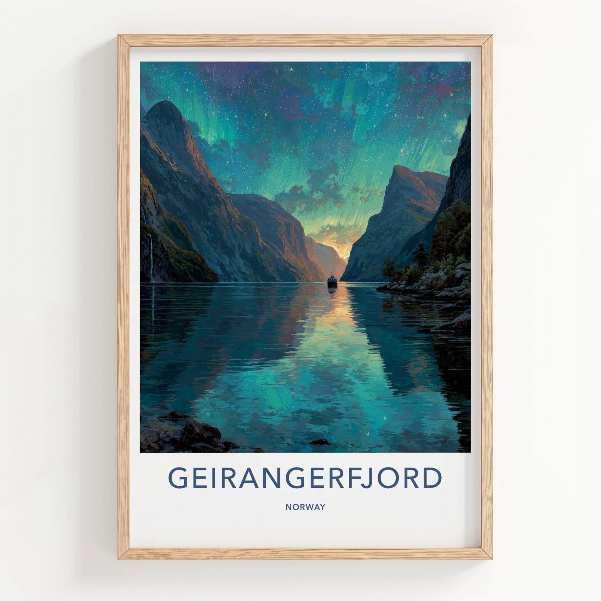 Geirangerfjord Poster - Norway Travel Art - Vibrant Fjord Aurora Home Decor