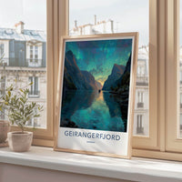 Geirangerfjord Poster - Norway Travel Art - Vibrant Fjord Aurora Home Decor