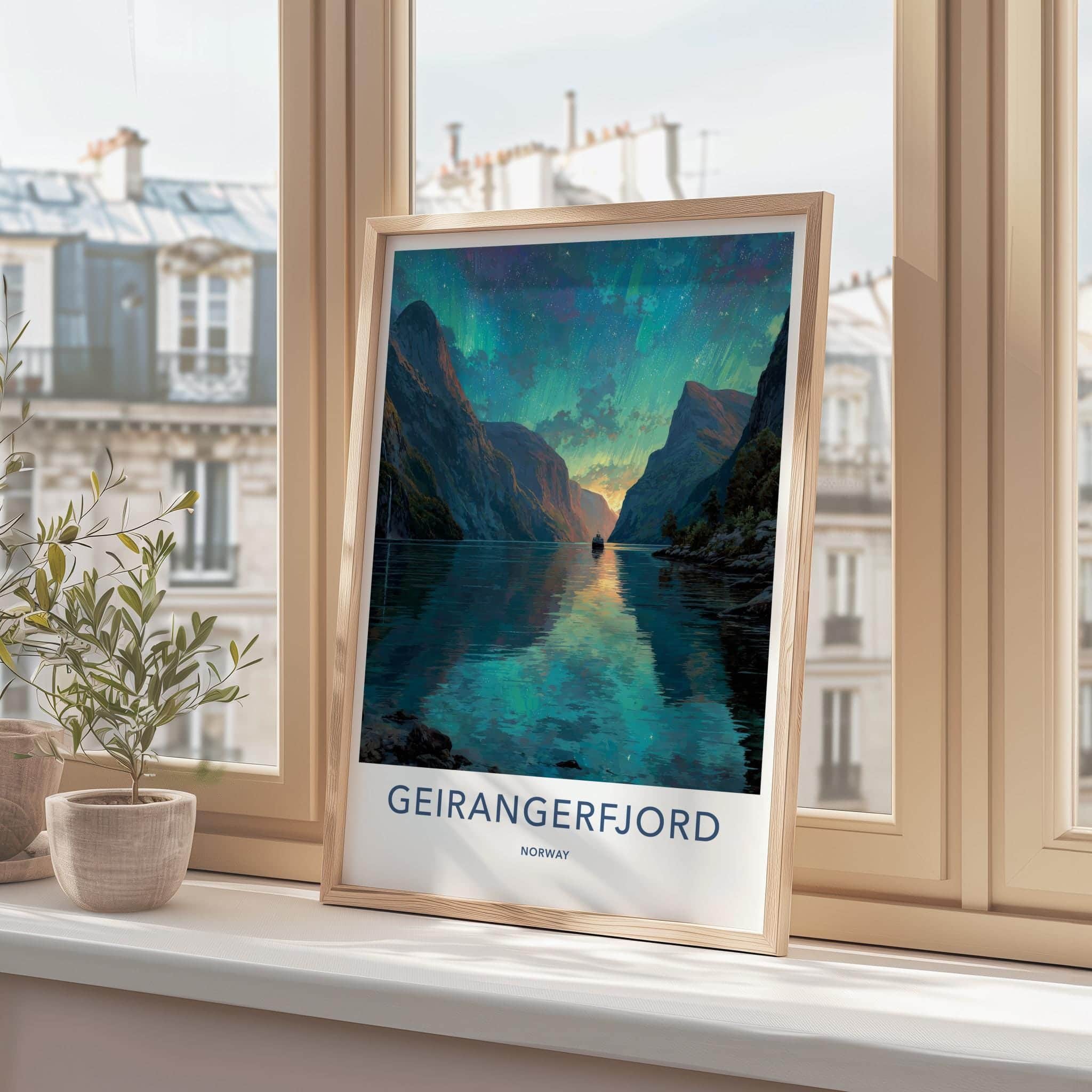 Geirangerfjord Poster - Norway Travel Art - Vibrant Fjord Aurora Home Decor