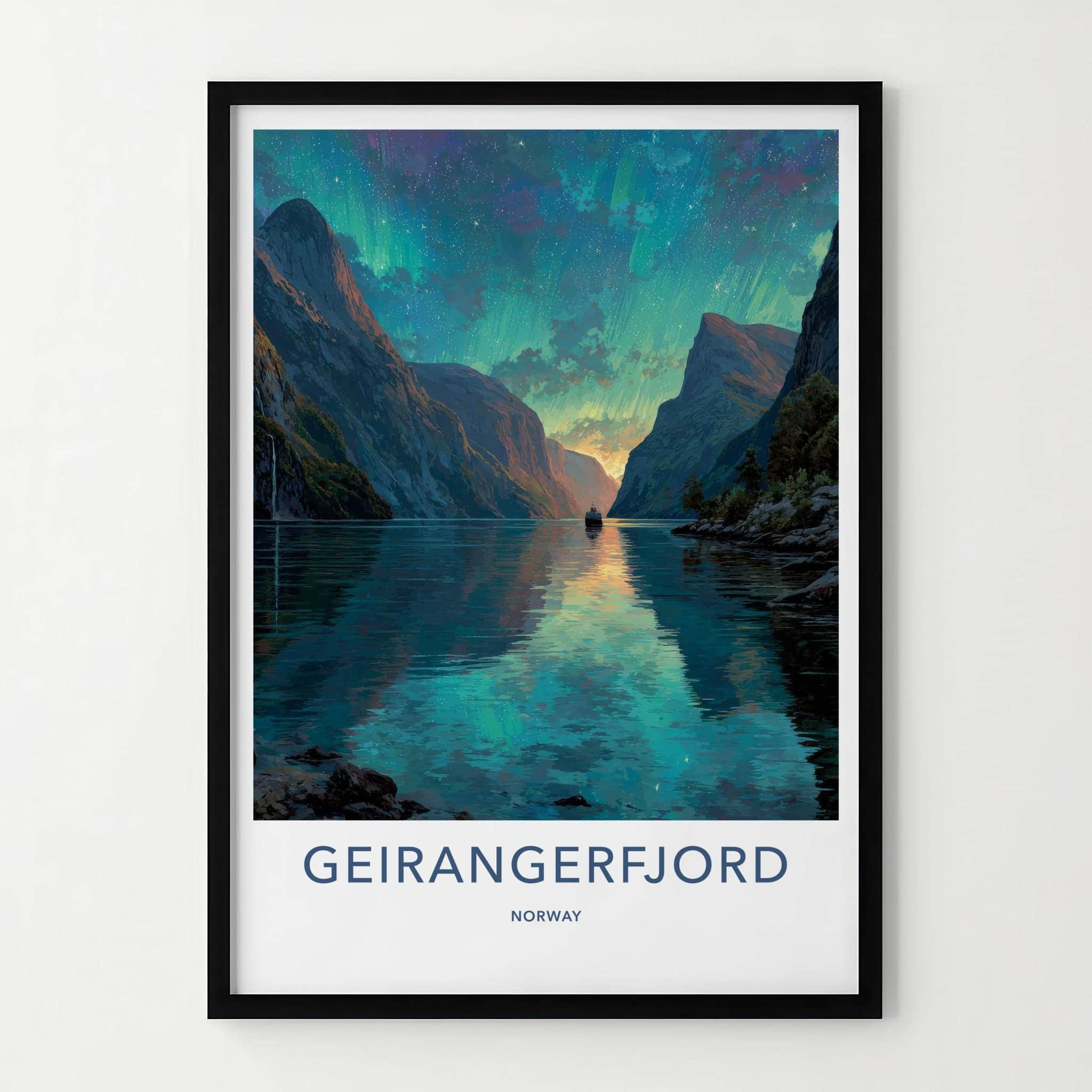 Geirangerfjord Poster - Norway Travel Art - Vibrant Fjord Aurora Home Decor