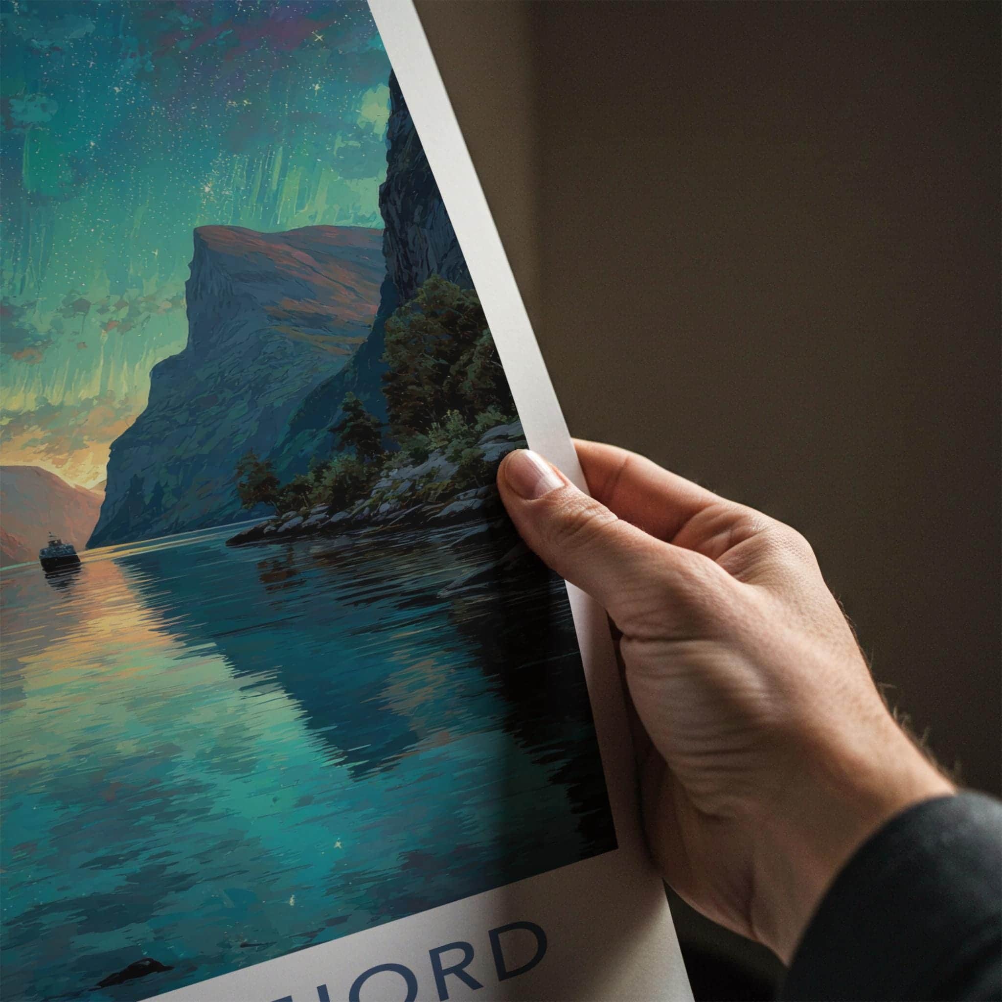 Geirangerfjord Poster - Norway Travel Art - Vibrant Fjord Aurora Home Decor