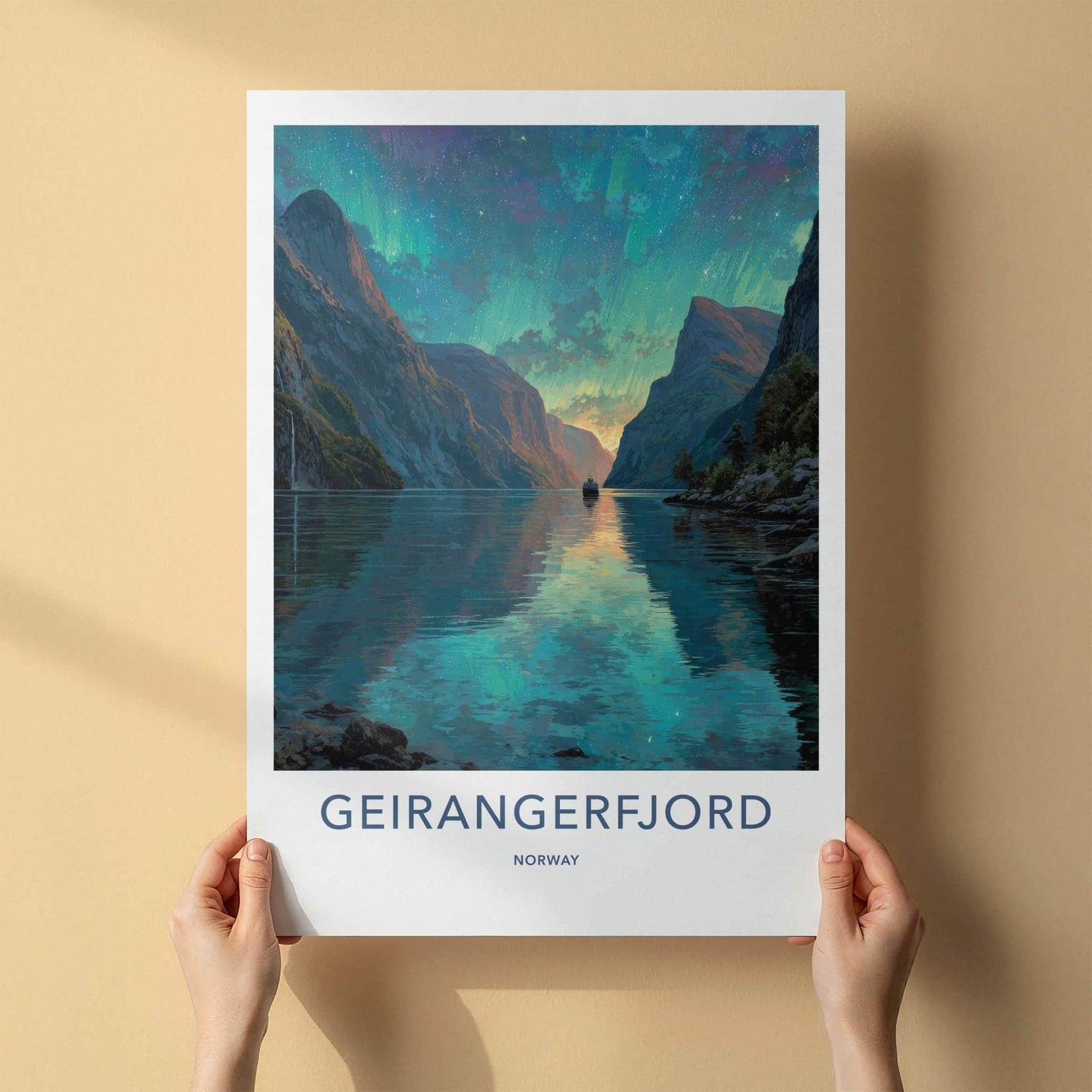 Geirangerfjord Poster - Norway Travel Art - Vibrant Fjord Aurora Home Decor