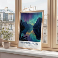 Geirangerfjord Poster - Norway Travel Art - Vibrant Northern Lights Home Decor