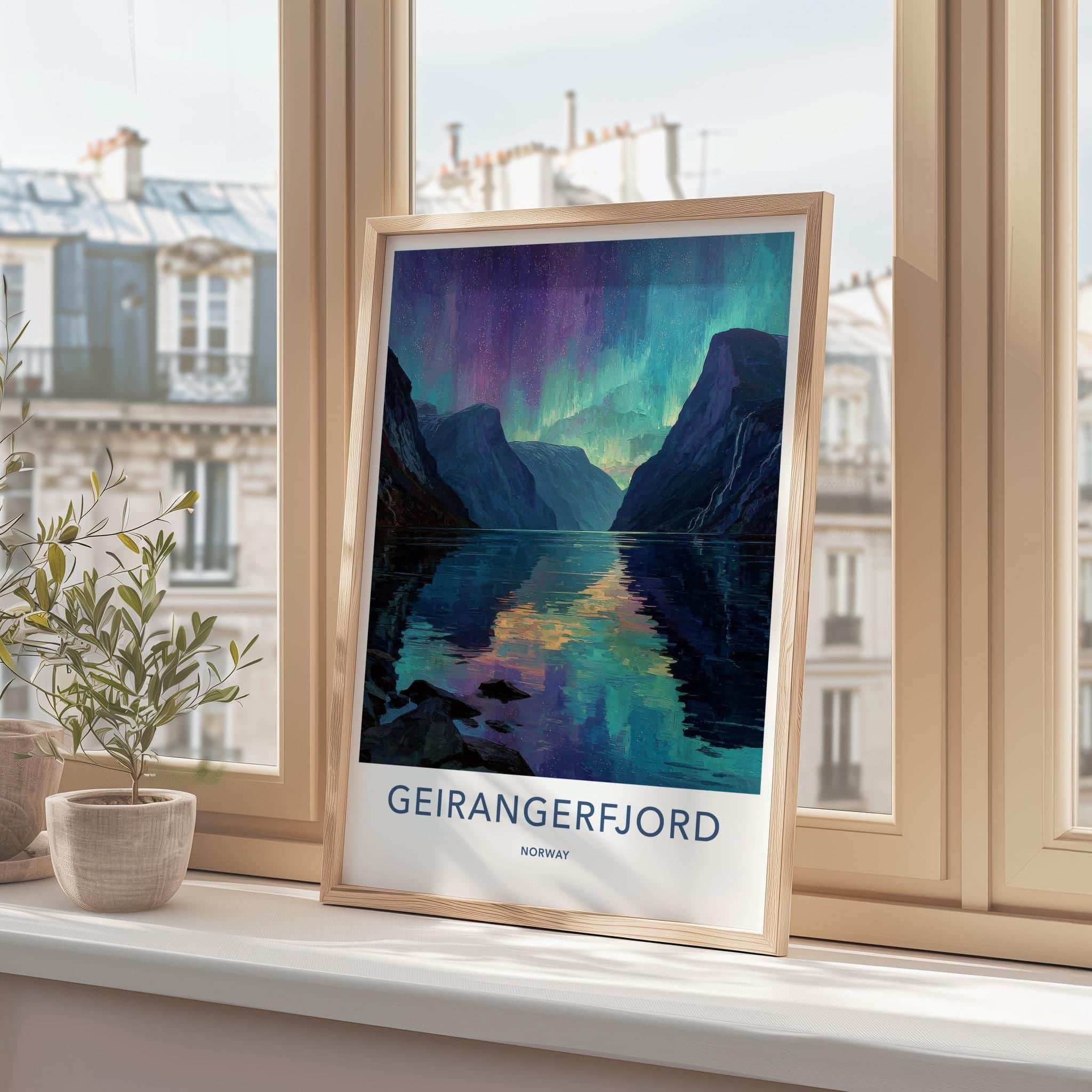 Geirangerfjord Poster - Norway Travel Art - Vibrant Northern Lights Home Decor