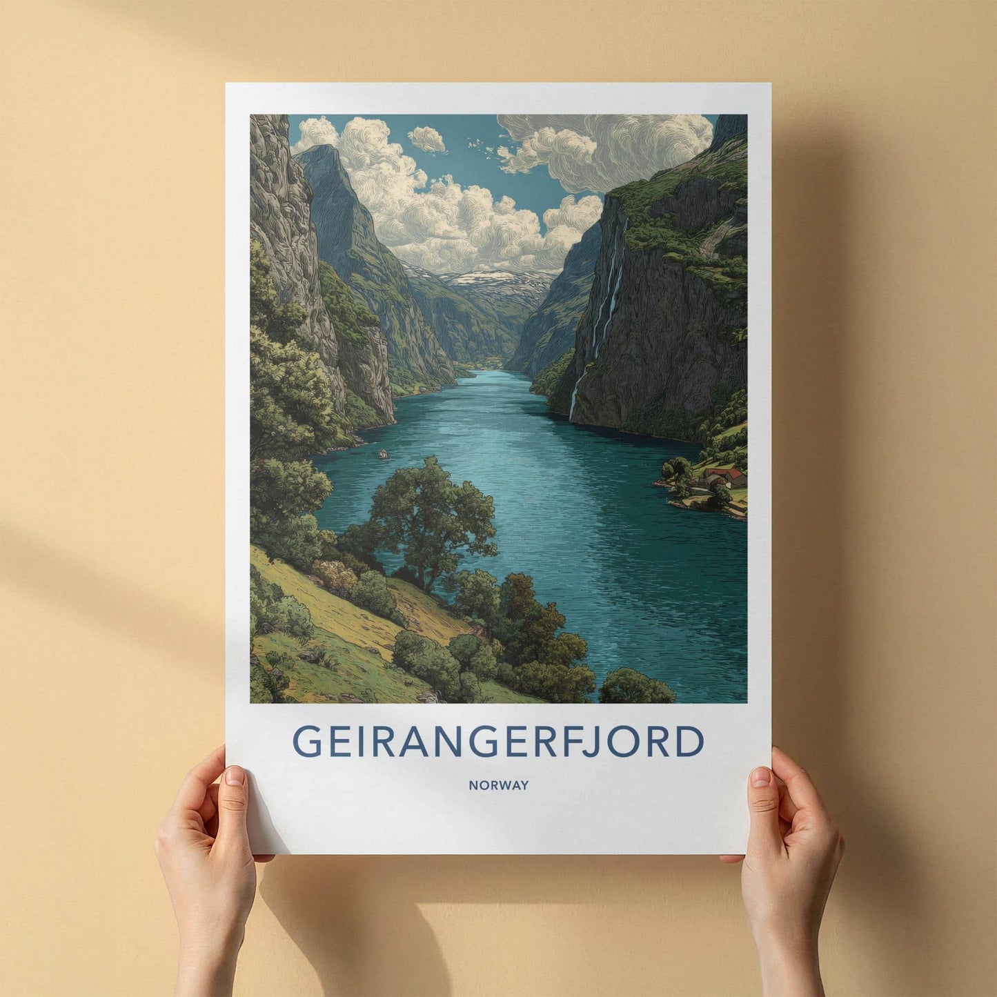 Geirangerfjord Poster - Norway Wall Art - Emerald Fjord Cliffs Home Decor