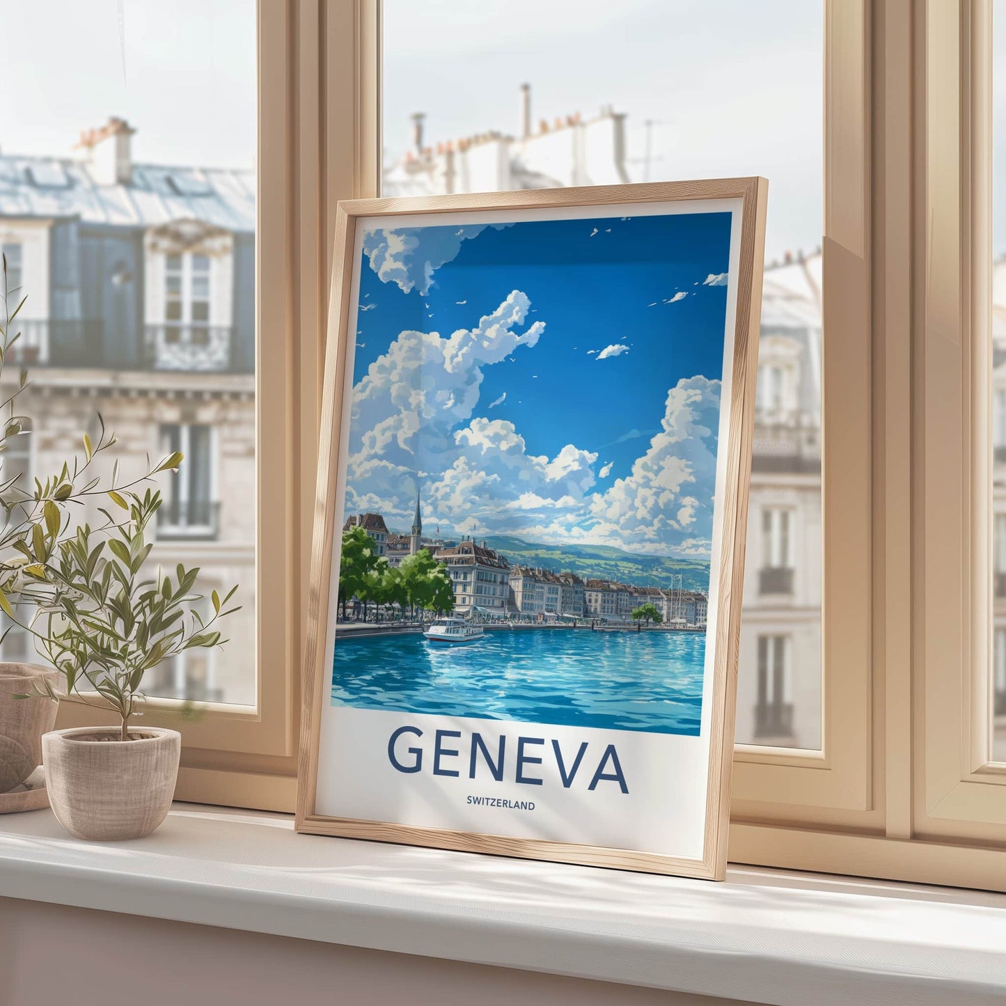 Geneva Poster - Switzerland Travel Art - Cityscape Lakeside Boat Home Decor