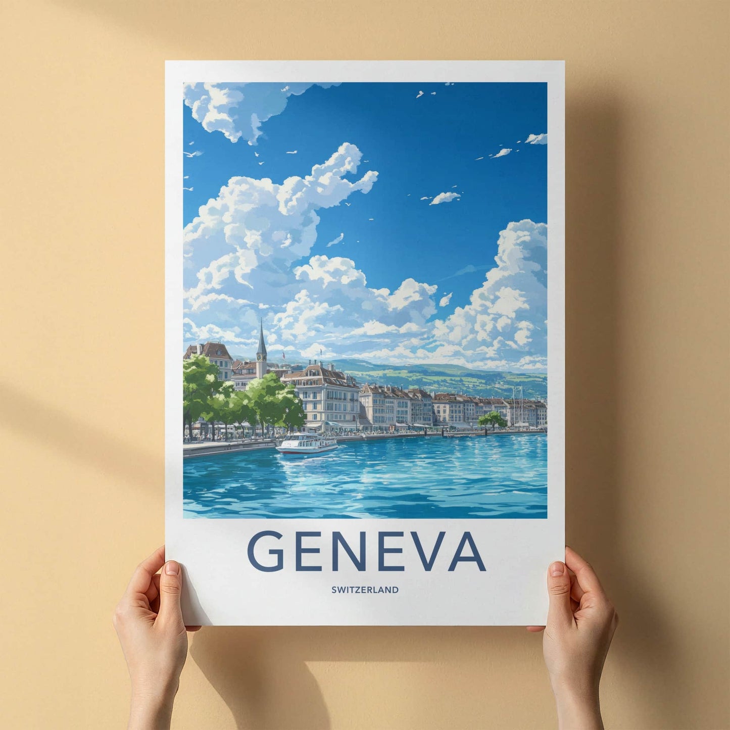 Geneva Poster - Switzerland Travel Art - Cityscape Lakeside Boat Home Decor