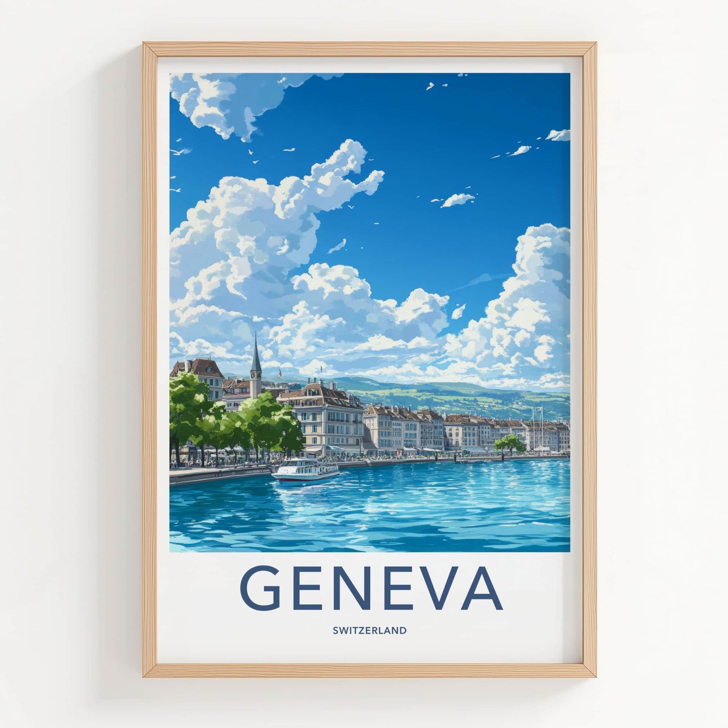 Geneva Poster - Switzerland Travel Art - Cityscape Lakeside Boat Home Decor